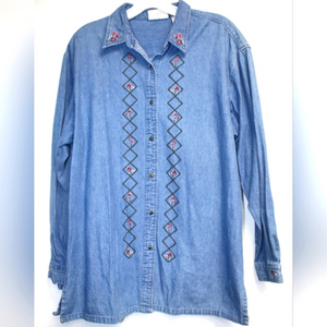 VINTAGE Northern Reflections Denim Embroidered Cottage Core Diamond Floral shirt